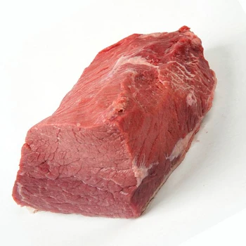 A cut of raw bottom round rump meat from roast beef is on a white background