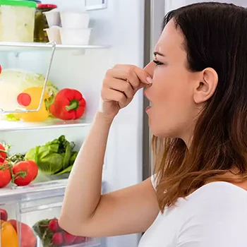 A woman holding her nose because of a foul smell coming from the fridge