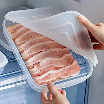 A bacon in an air sealed container placed inside the fridge