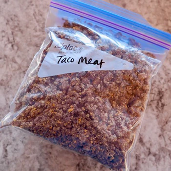 Leftover taco meat is vacuum sealed in a plastic bag that lasts for a long time.