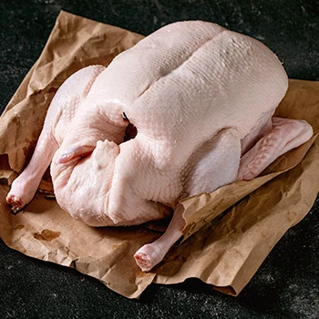 A raw whole duck on top of parchment paper