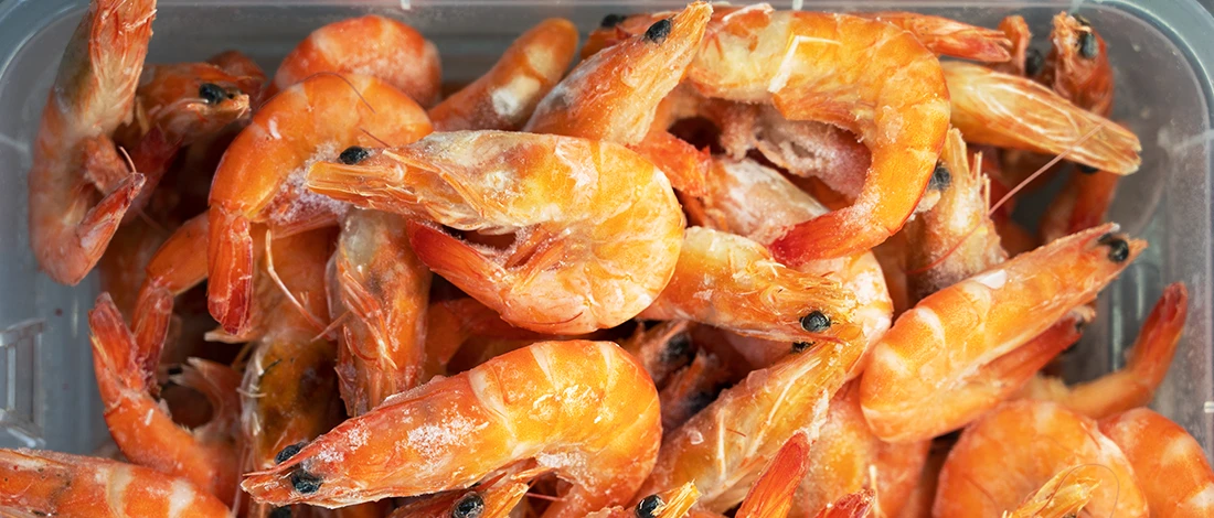 A top view of shrimps stored in the fridge