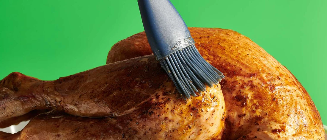 Close up shot of a person basting turkey