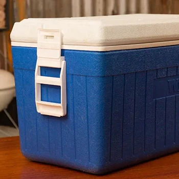 A blue cooler that can be used for resting a brisket