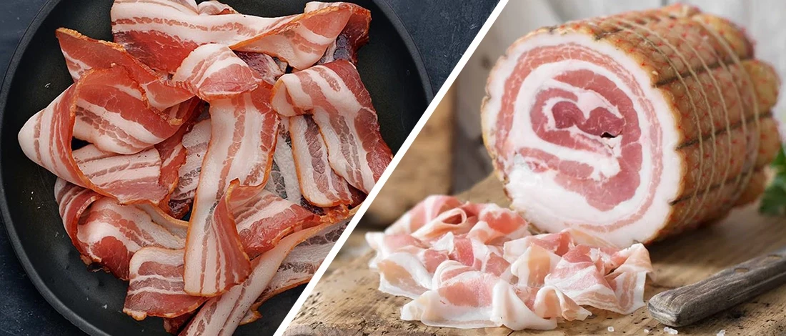 A comparison image of pancetta and bacon