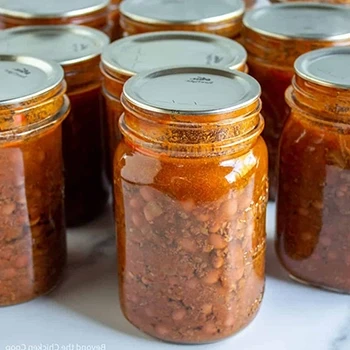 A close up shot of canned chili