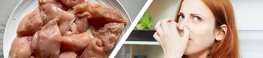 A woman holding her nose due to bad smell of a chicken meat that has gone bad