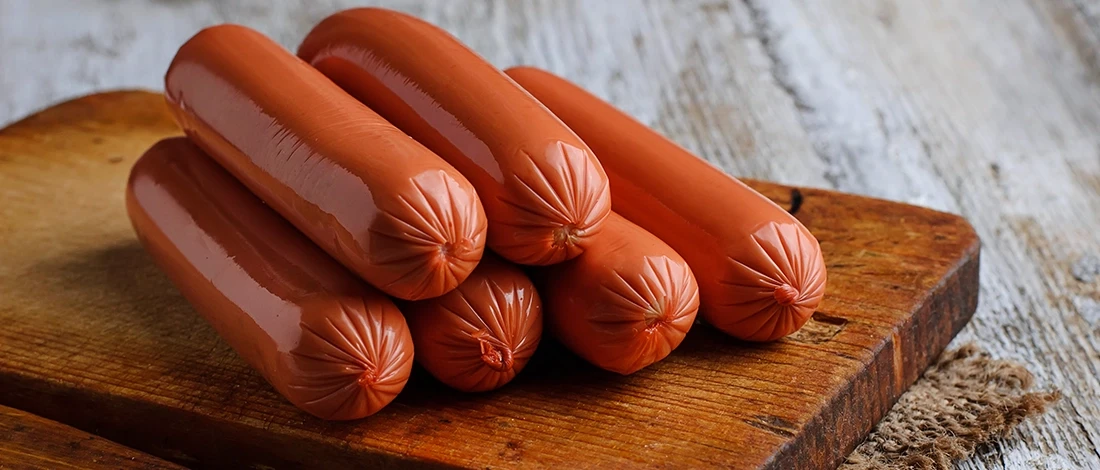 Hotdogs on a wooden board ready to be stored in the fridge