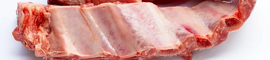 A close up shot of raw pork ribs on a white background