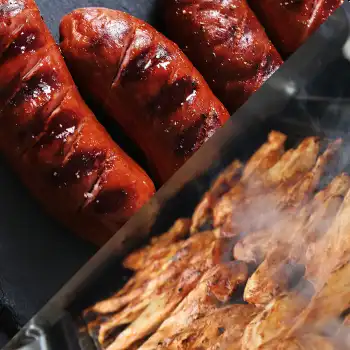 a collage of Mexican chorizo and chickens on a grill