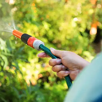 a person holding a garden hose