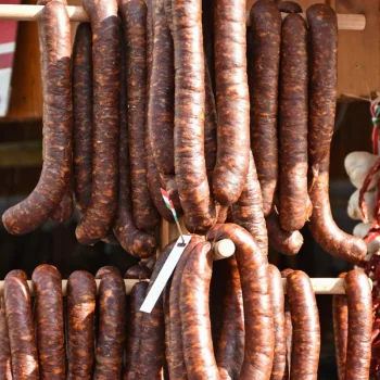 Sausages hanging to be smoked