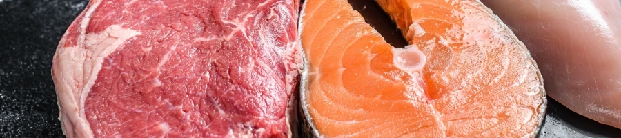 A close up shot of beef and salmon