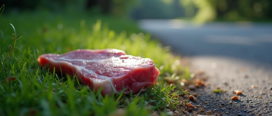 A small piece of meat on the grass