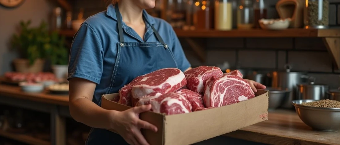 A person holding a box filled with meats