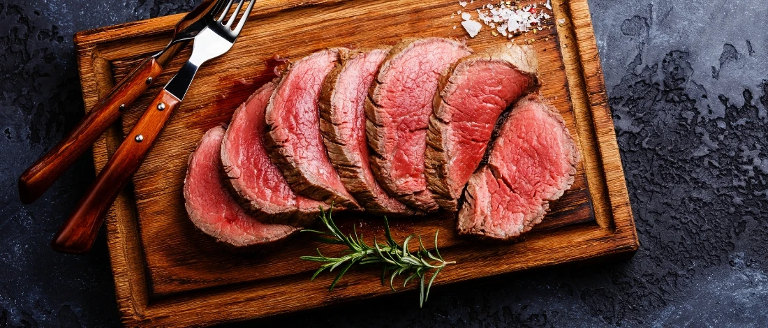 A top view of sliced beef tenderloin