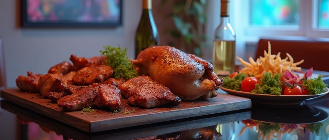 The beef, pork, and turkey laid on a cutting board