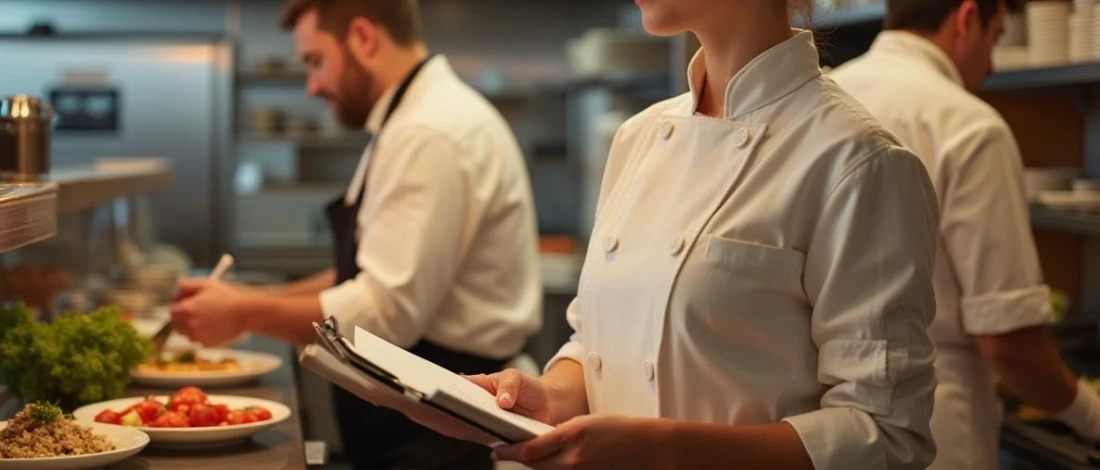 A person doing inspection in the kitchen restaurant