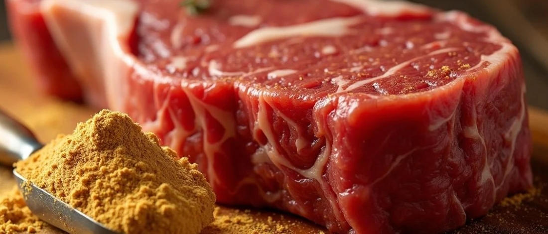 A raw beef and a protein powder on the side