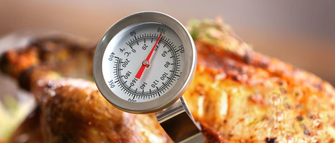 A thermometer sticked to the turkey