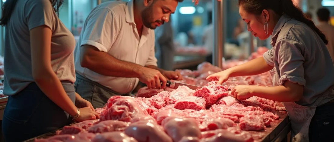 A person buying meat in a market