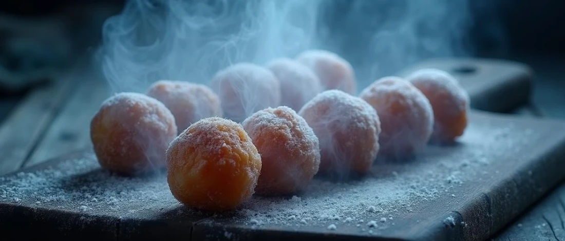 The frozen meat croquettes is smoking because of coldness