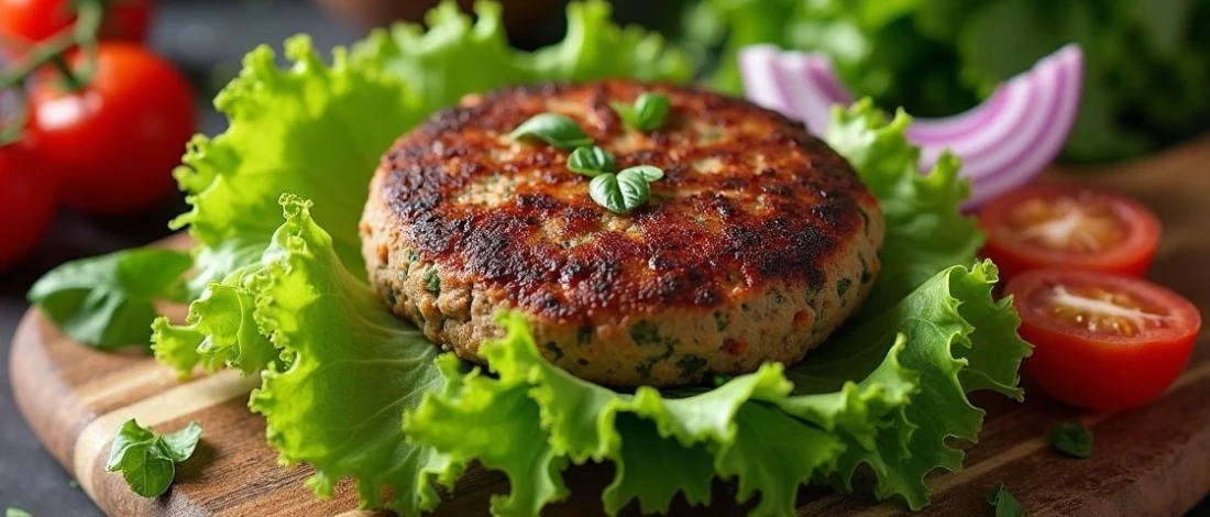 A meat like plant based meat with veggies on the side