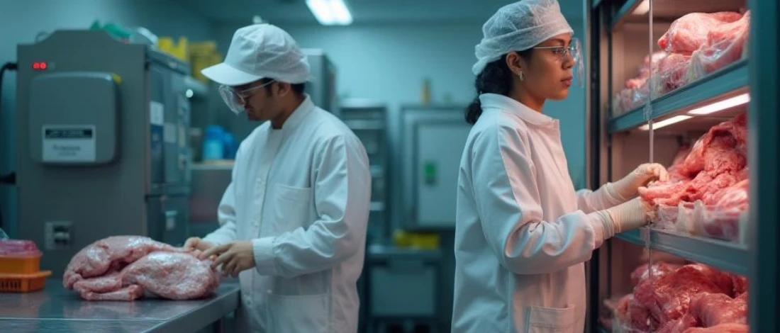 The people are checking the meats in a clean meat hub