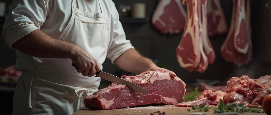 The butcher is slicing a block of meat