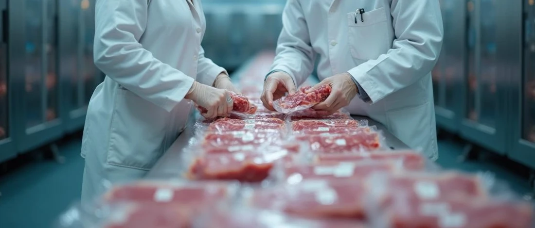 The people are packing the meat