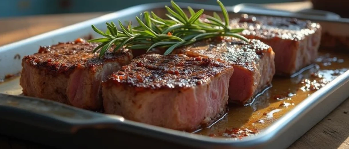 A delicious baked cubed steak on a pan