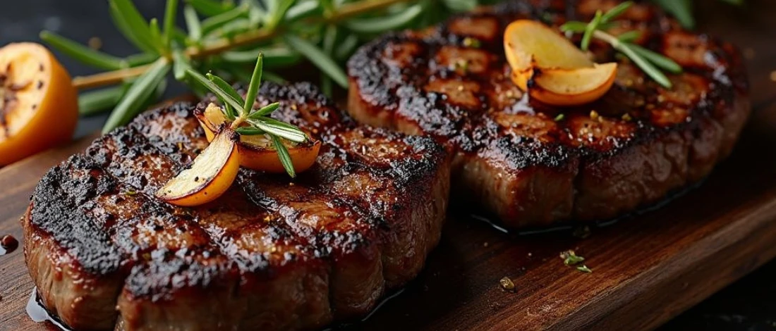 A Blackstone Steak with garlic and herbs on top