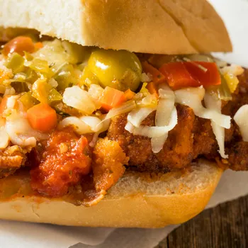 Unique Chicago Sandwich ready to be eaten