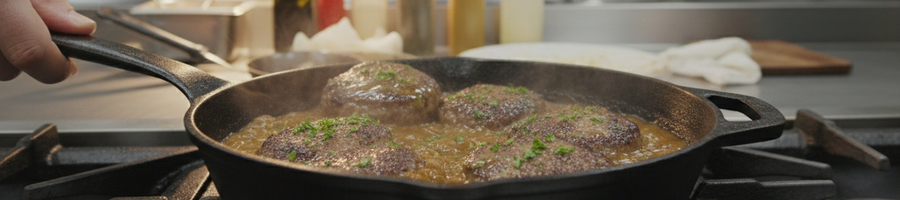 salisbury steak cooking in a cast iron pan