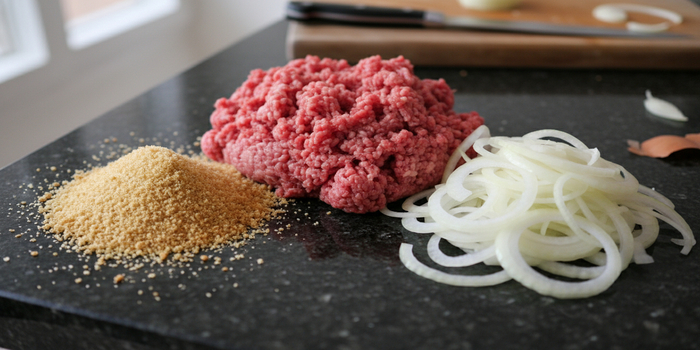 piles of ground beef, onion, and breadcrumbs