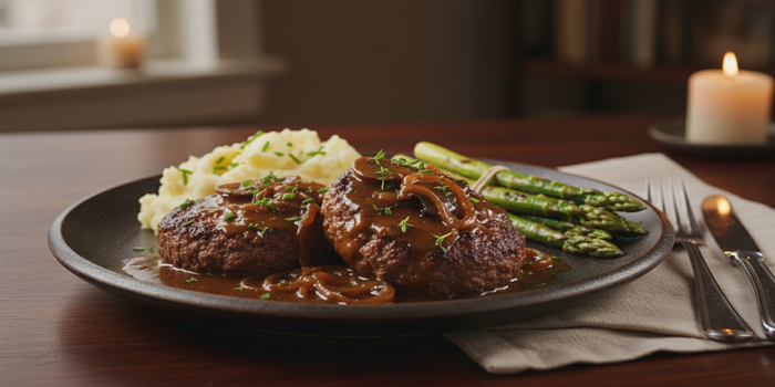 salisbury steak neatly placed on a table with a candle light