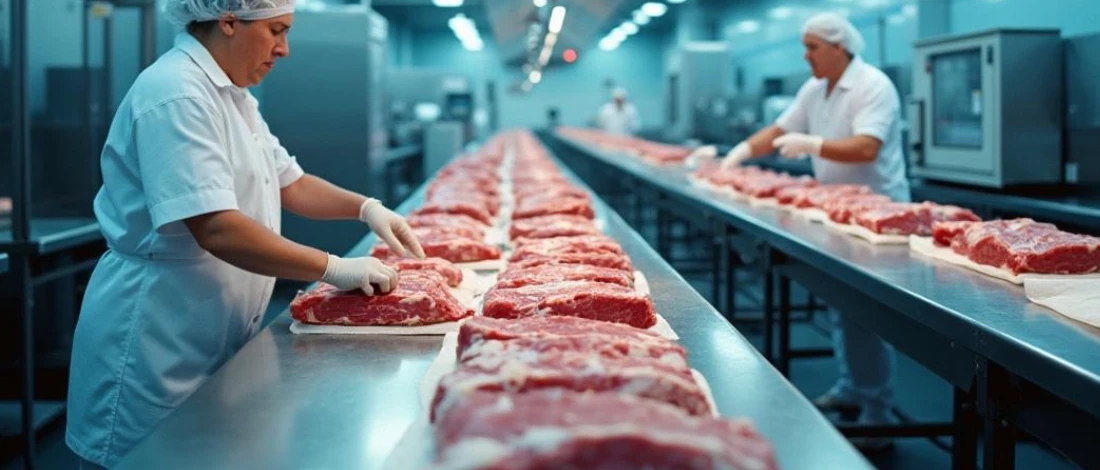 The meats are being prepared in a meat plant